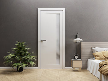 Modern Wood Interior Door with Hardware | Planum 0660 Painted White with Frosted Glass | Single Panel Frame Trims | Bathroom Bedroom Sturdy Doors