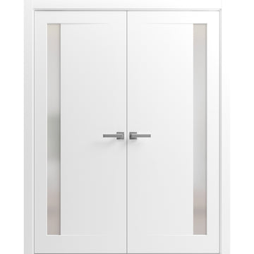 Planum Solid French Double Doors | Planum 0660 Painted White with Frosted Glass | Wood Solid Panel Frame Trims | Closet Bedroom Sturdy Doors