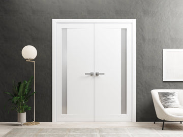 Planum Solid French Double Doors | Planum 0660 Painted White with Frosted Glass | Wood Solid Panel Frame Trims | Closet Bedroom Sturdy Doors