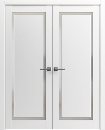 Solid French Double Doors | Planum 0888 Painted White with Frosted Glass | Wood Solid Panel Frame Trims | Closet Bedroom Sturdy Doors