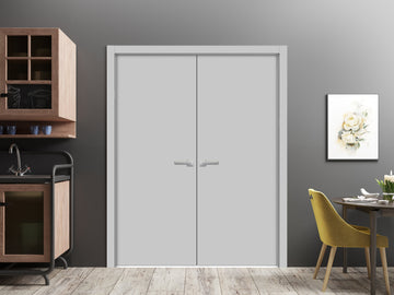 Planum Solid French Double Doors | Planum 0010 Matte Grey | Wood Solid Panel Frame Trims | Closet Bedroom Sturdy Doors