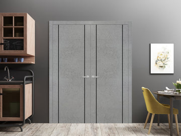 Solid French Double Doors | Planum 0017 Concrete | Wood Solid Panel Frame Trims | Closet Bedroom Sturdy Doors