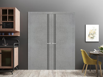 Planum Solid French Double Doors | Planum 0016 Concrete | Wood Solid Panel Frame Trims | Closet Bedroom Sturdy Doors