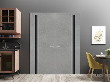 Solid French Double Doors | Planum 0011 Concrete | Wood Solid Panel Frame Trims | Closet Bedroom Sturdy Doors
