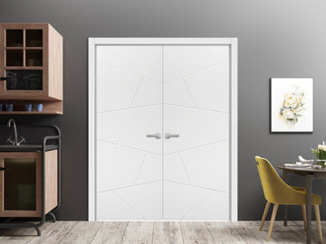 Solid French Double Doors | Planum 0990 Painted White Matte | Wood Solid Panel Frame Trims | Closet Bedroom Sturdy Doors