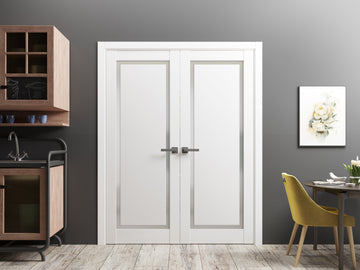 Solid French Double Doors | Planum 0888 Painted White with Frosted Glass | Wood Solid Panel Frame Trims | Closet Bedroom Sturdy Doors