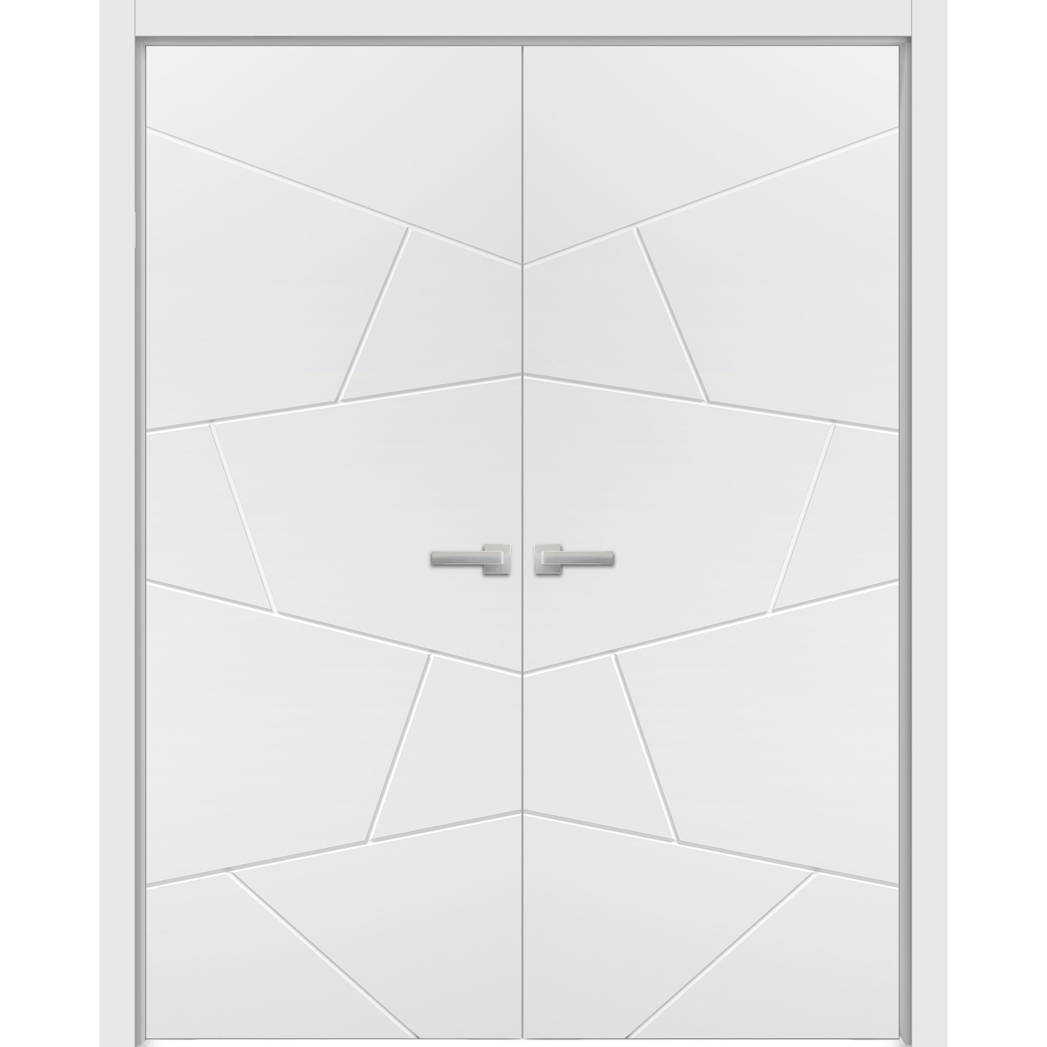 Solid French Double Doors | Planum 0990 Painted White Matte | Wood Solid Panel Frame Trims | Closet Bedroom Sturdy Doors