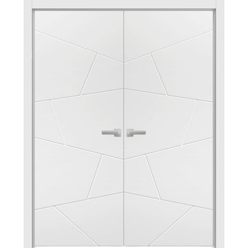 Solid French Double Doors | Planum 0990 Painted White Matte | Wood Solid Panel Frame Trims | Closet Bedroom Sturdy Doors