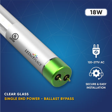 T8 4ft LED Tube/Bulb - Glass 18W 1710 Lumens 4000K Clear, Single Ended Power - Ballast Bypass