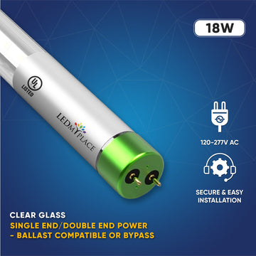 Hybrid T8 4ft LED Tube/Bulb - Glass 18W 2400 Lumens 6500K Clear, Single End/Double End Power - Ballast Compatible or Bypass (Check Compatibility List)