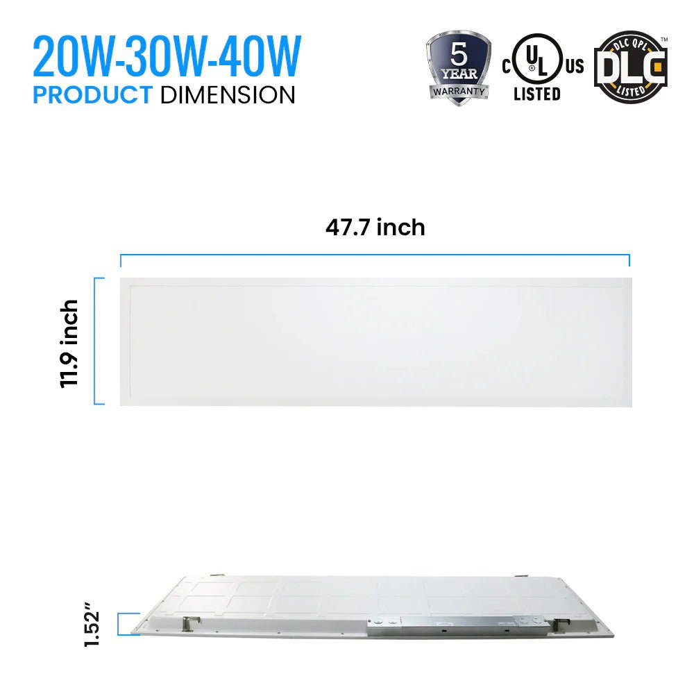 1 ft. x 4 ft. LED Flat Panel Light 20W/30W/40W Wattage Adjustable, 4000k/5000K/6500K CCT Changeable, Dip Switch, 0 - 10V Dim, 120 - 277V, ETL, DLC 5.1, Recessed Back - lit Fixture - BUILDMYPLACE