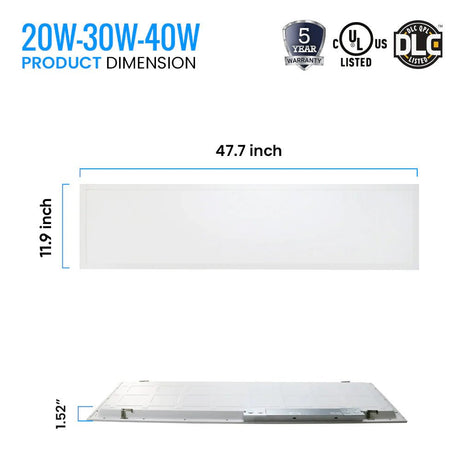 1 ft. x 4 ft. LED Flat Panel Light 20W/30W/40W Wattage Adjustable, 4000k/5000K/6500K CCT Changeable, Dip Switch, 0 - 10V Dim, 120 - 277V, ETL, DLC 5.1, Recessed Back - lit Fixture - BUILDMYPLACE