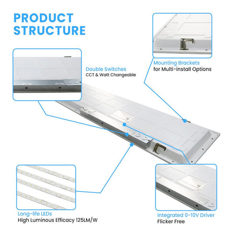 1 ft. x 4 ft. LED Flat Panel Light 20W/30W/40W Wattage Adjustable, 4000k/5000K/6500K CCT Changeable, Dip Switch, 0 - 10V Dim, 120 - 277V, ETL, DLC 5.1, Recessed Back - lit Fixture - BUILDMYPLACE