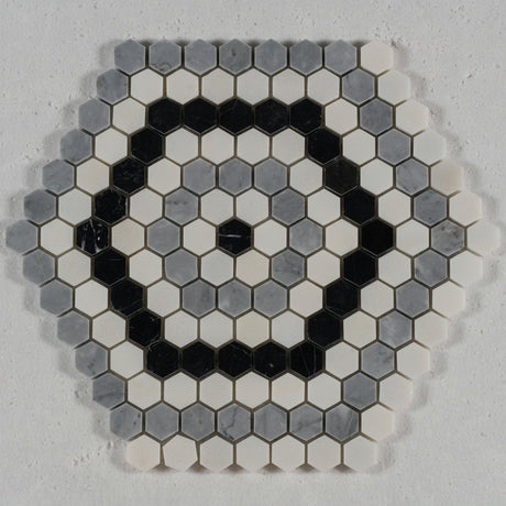 1 in. Hexagon Morocan Pattern White/Grey/Black Polished Marble Mosaic - BUILDMYPLACE