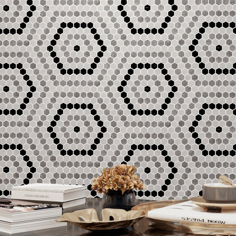 1 in. Hexagon Morocan Pattern White/Grey/Black Polished Marble Mosaic - BUILDMYPLACE