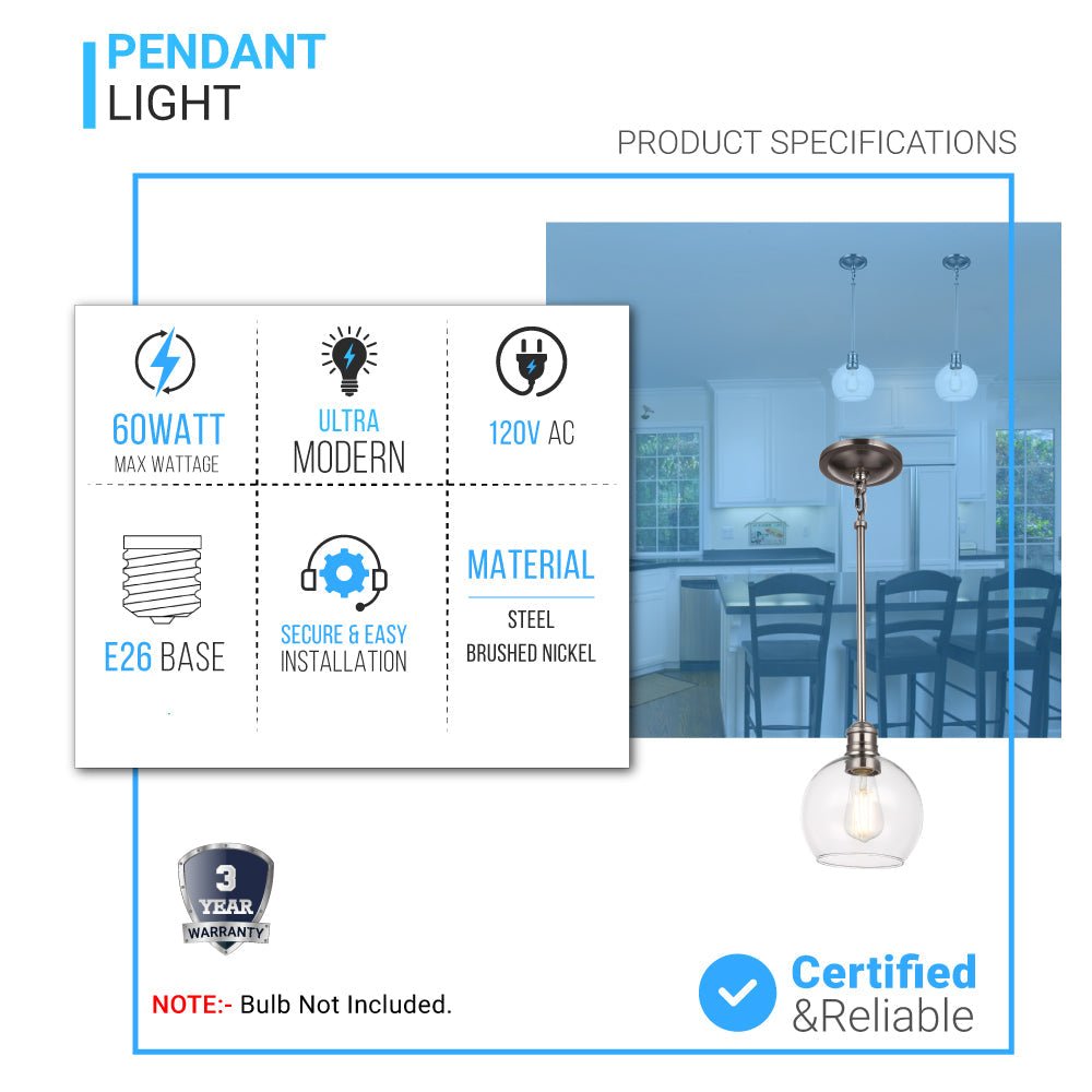 1 - Light Clear Glass Pendant Lighting Fixture with Brushed Nickel Finish, E26 Base, UL Listed for Damp Location - BUILDMYPLACE