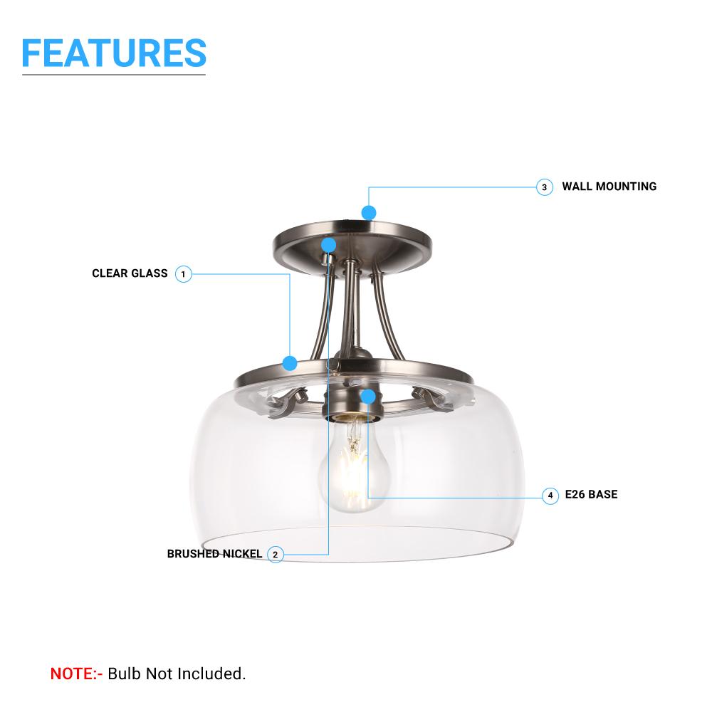 1 - Light Clear Glass Semi Flush Mount Light, Brushed Nickel Ceiling Light, E26 Base, UL Listed for Damp Location, 3 Years Warranty - BUILDMYPLACE