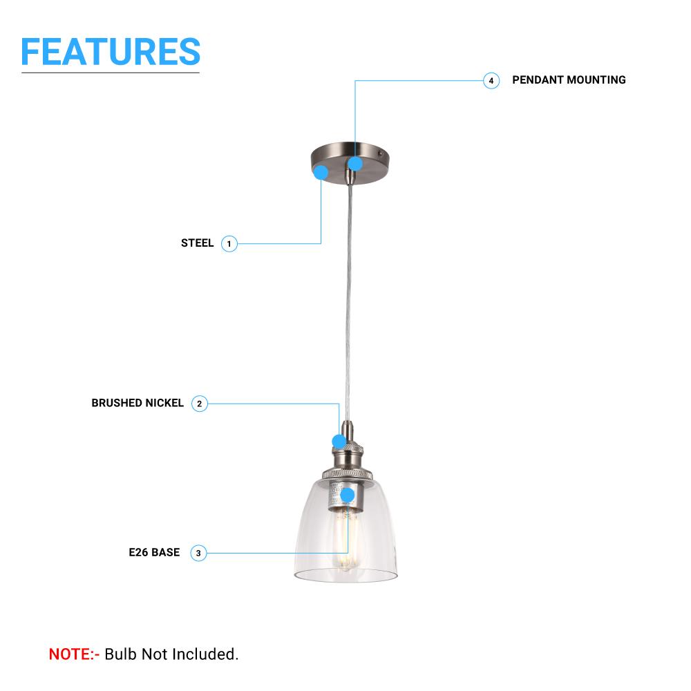 1 - Light Island Pendant Light, Brushed Nickel Finish with Clear Glass Shade – E26 Base, UL Listed - BUILDMYPLACE