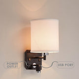 1 - Light LED Wall Sconce With 1 USB, 2 Switch, 1 Outlet - Black Metal Finish W/ White Fabric Shade - BUILDMYPLACE