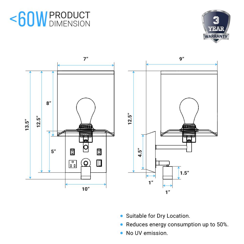 1 - Light LED Wall Sconce With 1 USB, 2 Switch, 1 Outlet - Black Metal Finish W/ White Fabric Shade - BUILDMYPLACE