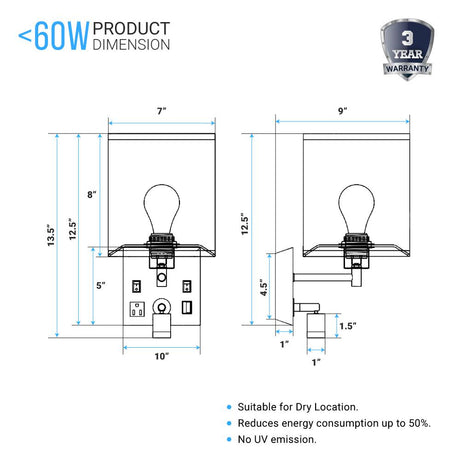 1 - Light LED Wall Sconce With 1 USB, 2 Switch, 1 Outlet - Black Metal Finish W/ White Fabric Shade - BUILDMYPLACE