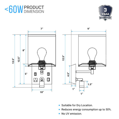 1-Light LED Wall Sconce With 1 USB, 2 Switch, 1 Outlet - Black Metal Finish W/ White Fabric Shade
