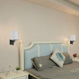 1 - Light LED Wall Sconce With 1 USB, 2 Switch, 1 Outlet - Black Metal Finish W/ White Fabric Shade - BUILDMYPLACE