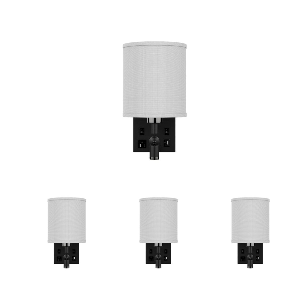 1 - Light LED Wall Sconce With 1 USB, 2 Switch, 1 Outlet - Black Metal Finish W/ White Fabric Shade - BUILDMYPLACE