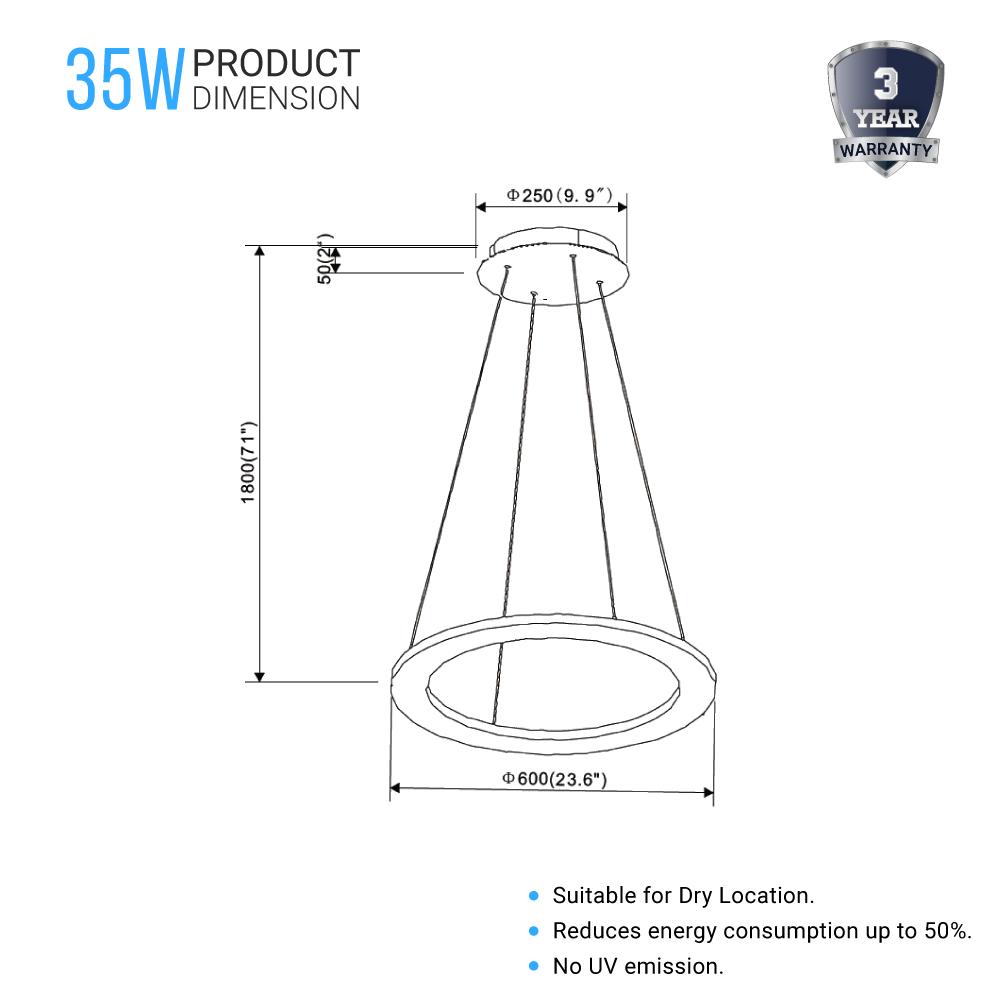 1 - Ring LED Pendant Light, 35W, 3000K - 6500K, 966LM, Dimmable, Matte Black Body Finish, Diameter 23.6''×71'' - BUILDMYPLACE