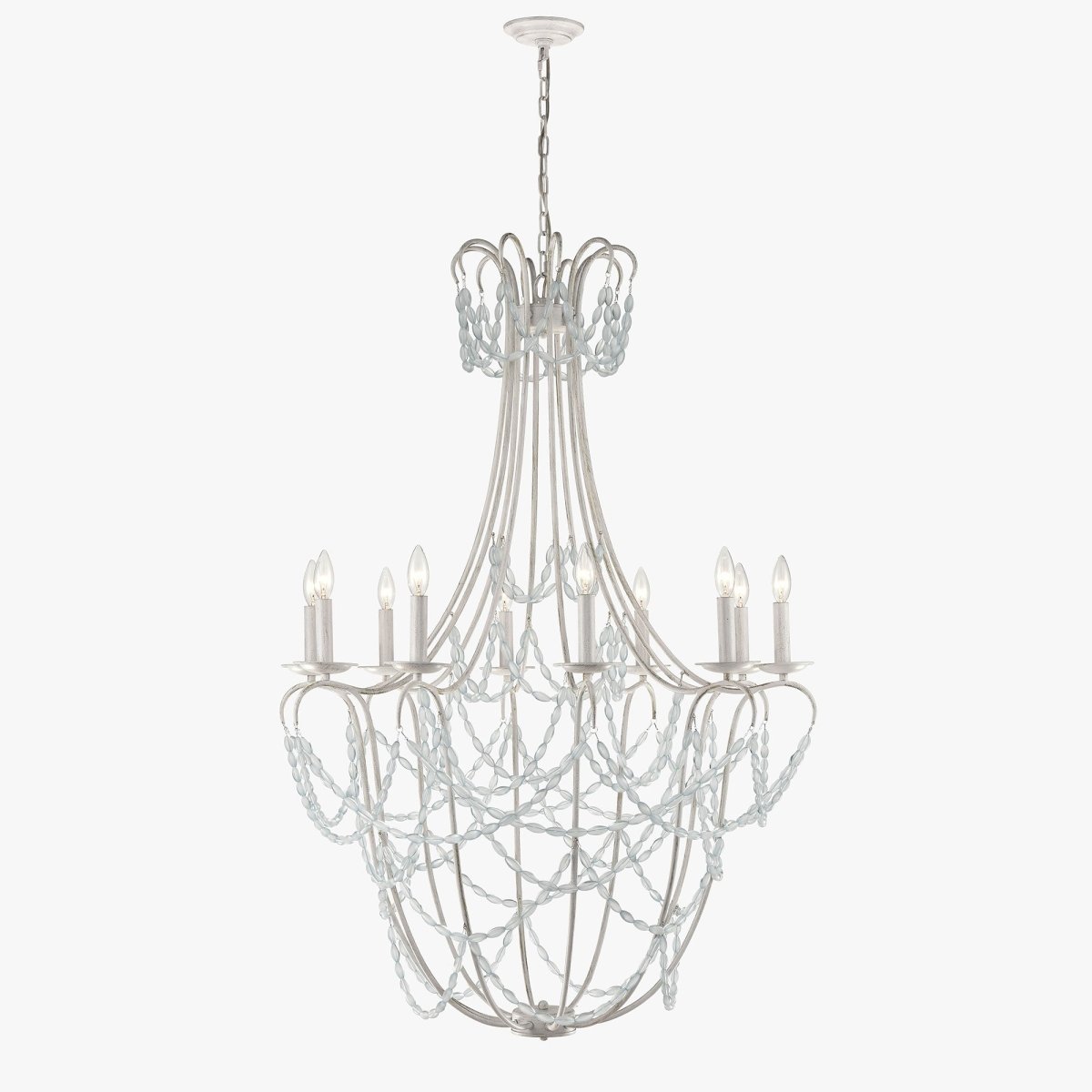 10 - Light Traditional Beaded Candle Chandelier Wash Wood Finish with Blue Crystal ,E12 Base - BUILDMYPLACE