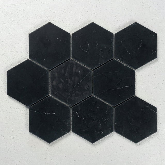 10 X 10 in. Hexagon Nero Marquina 4 in. Black Brushed Marble Mosaic Tile - BUILDMYPLACE