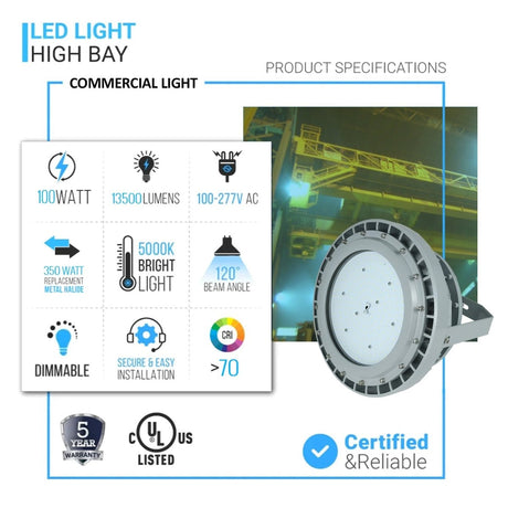 100 Watt LED Explosion Proof Round High Bay Light, C Series, Dimmable, 5000K, 13500LM, AC100 - 277V, IP66, Hazardous Location Lighting Fixtures - BUILDMYPLACE