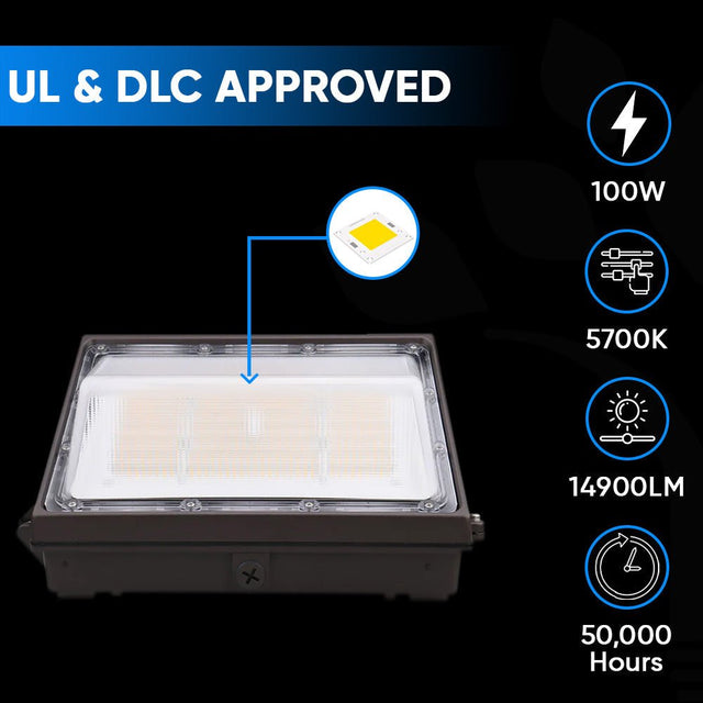 100W LED Wall Pack with Dusk to Dawn Photocell, 5700K, 14900LM, AC120 - 277V, Waterproof, UL & DLC Listed - BUILDMYPLACE