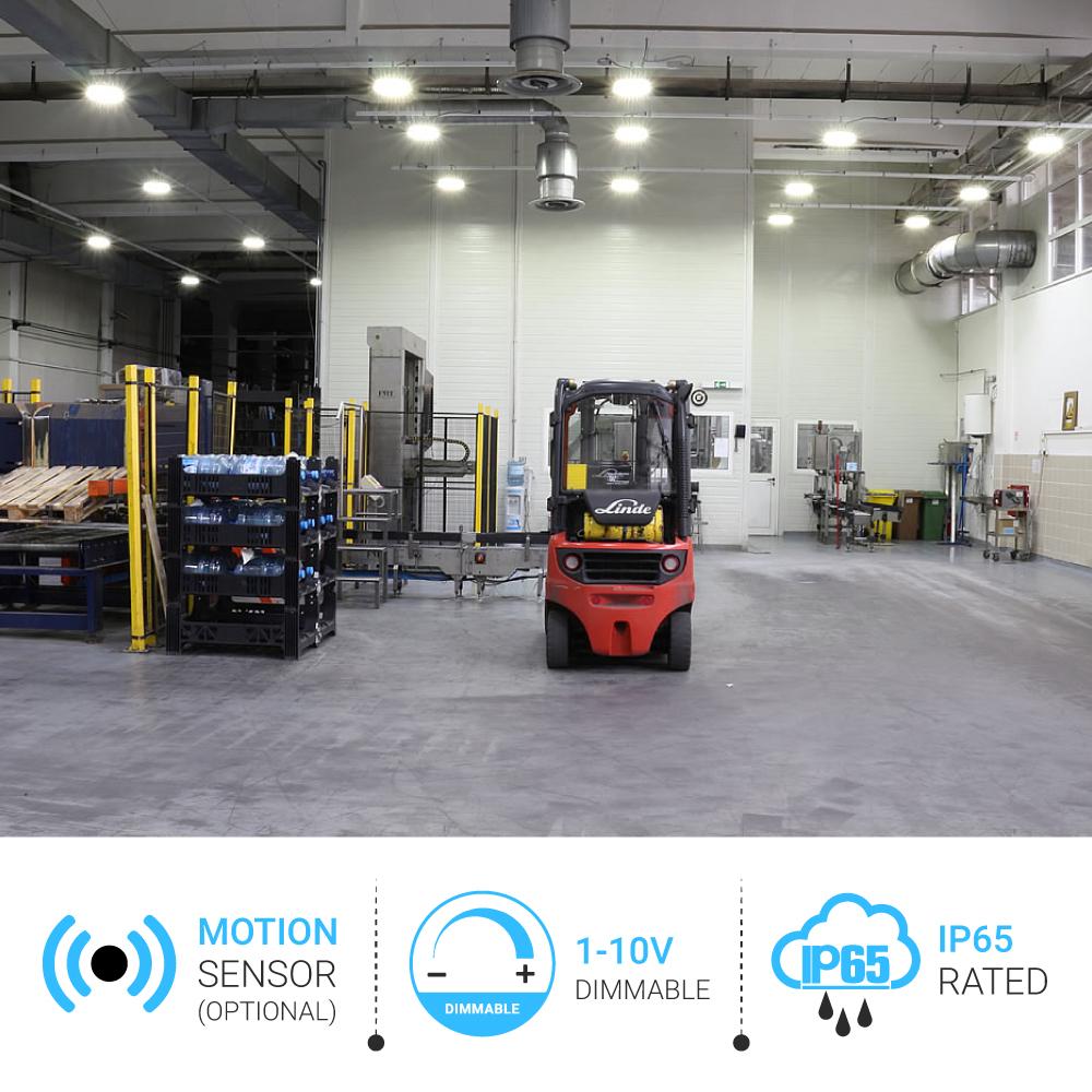 100W UFO High Bay LED Shop Lights 4000K - Dimmable (1 - 10V), AC120 - 277V, UL DLC Listed - Ideal for Commercial Warehouses, Garages, Workshops, and Factories - BUILDMYPLACE