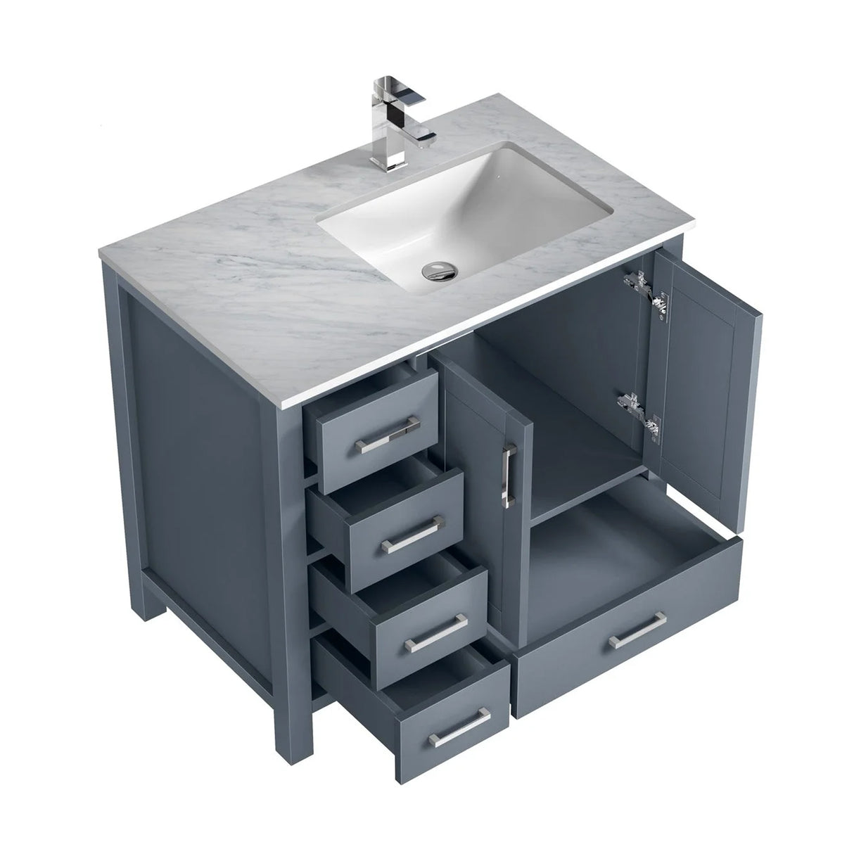 Jacques Dark Grey Freestanding Bathroom Vanity with White Carrara Marble Top, White Square Sink