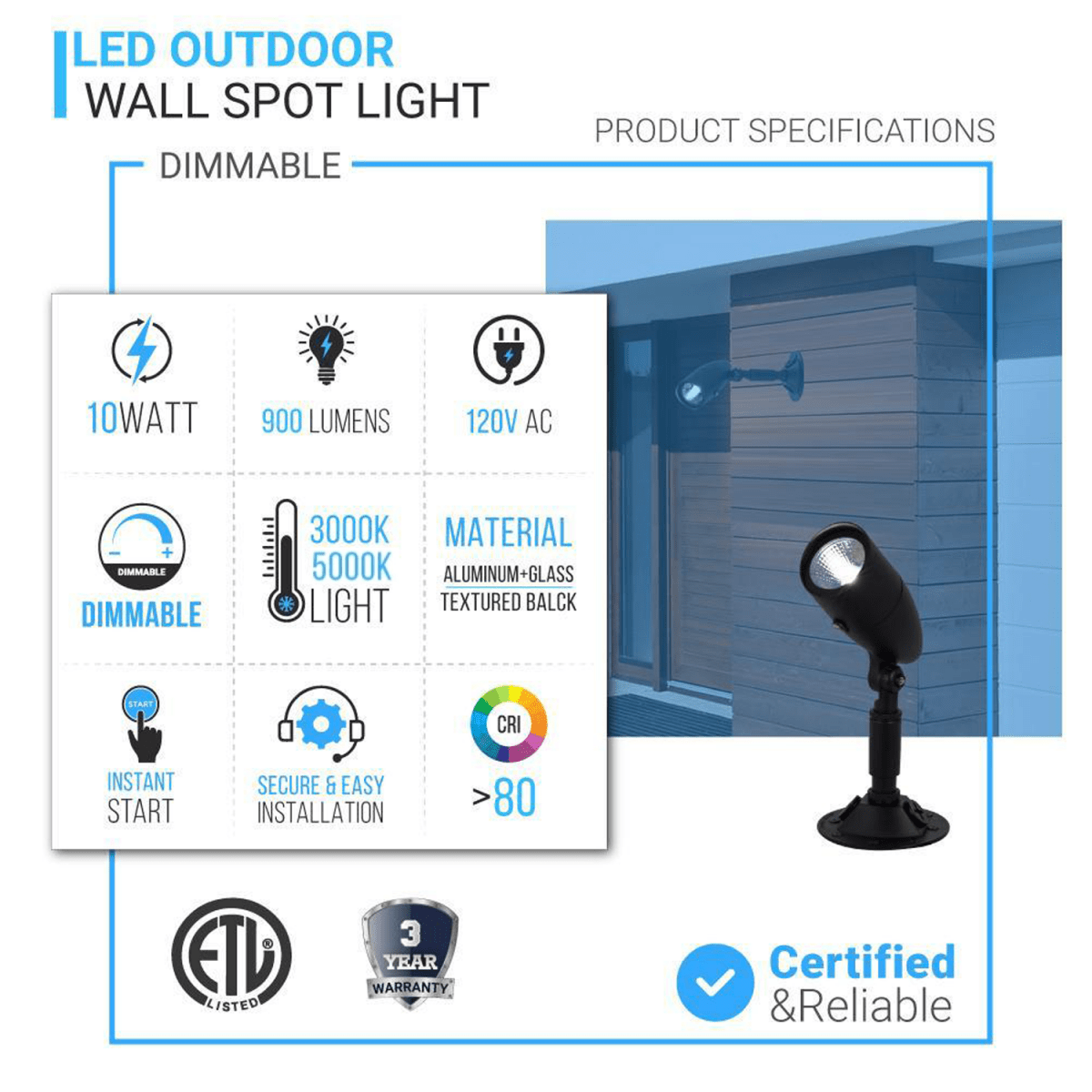 10W LED Spotlight, Dimmable, 900 Lumens, Textured Black Finish, ETL Listed - BUILDMYPLACE