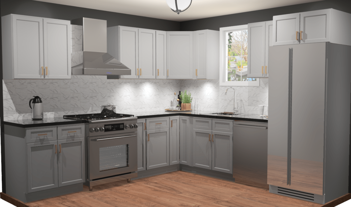 10x10 L - Shape Kitchen Layout Design - Aria Grey Shaker Cabinets - BUILDMYPLACE