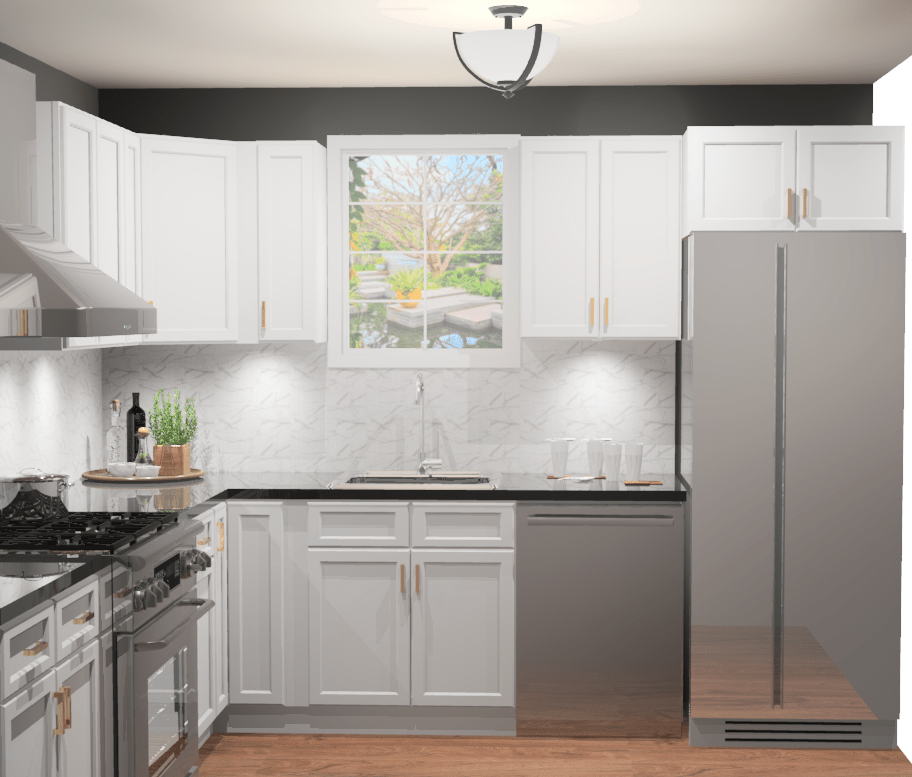 10x10 L - Shape Kitchen Layout Design - Aria White Shaker Cabinets - BUILDMYPLACE