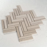 11 X 11 in. Biancowood Double 4" Biege herringbone Honed Marble Mosaic - BUILDMYPLACE