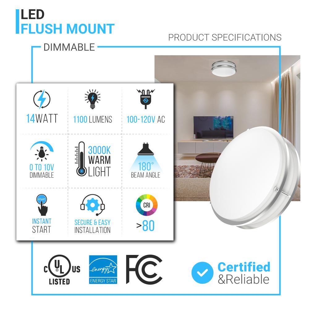 12 in. Dimmable LED Flush Mount Ceiling Lights, Double Ring, 14W, 1100LM, 3000K Warm White, Brushed Nickel Finish Steel, ETL Listed, For Hallway Kitchen Stairwell - BUILDMYPLACE