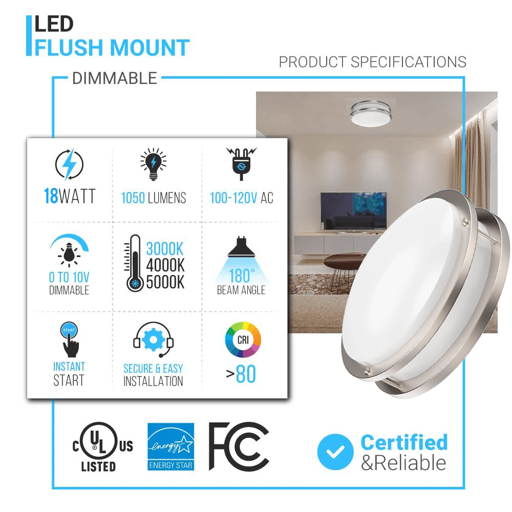 12" LED Flush Mount Ceiling Lights - 18W - Double Ring Design - 1050 Lm - Dimmable Flush Mount - BUILDMYPLACE