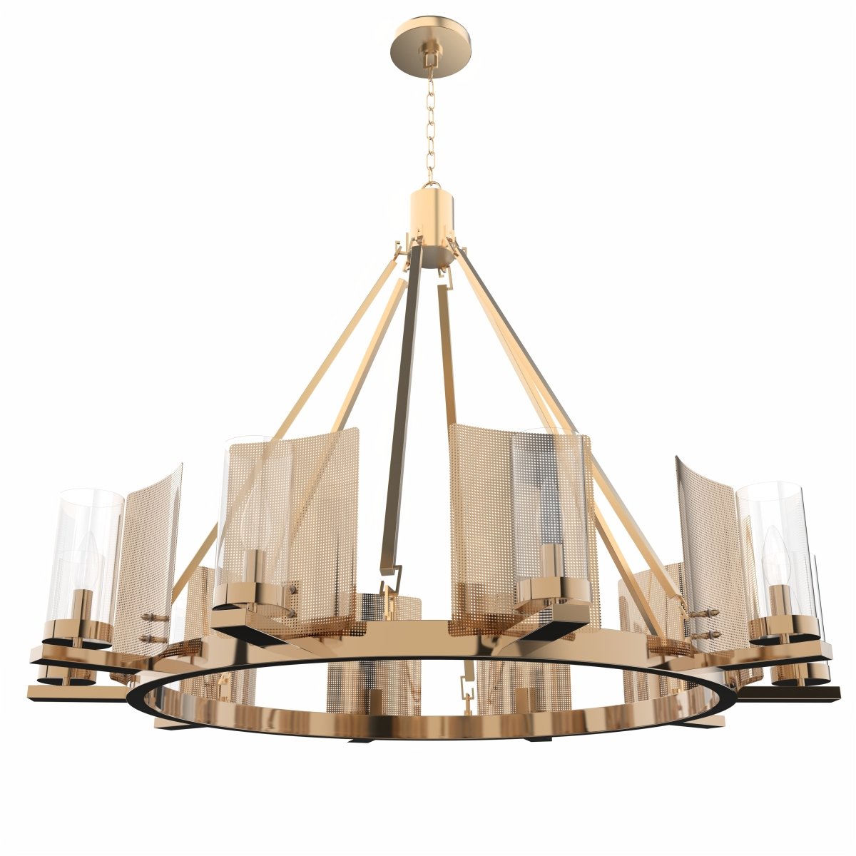 12 - Light Ring Chandelier Ceiling Light in Brass Finish with Clear Glass, Diam 50" Height 39", 120V, Bulb Type B10, Socket Type E12, Max wattage Per Socket 60W - BUILDMYPLACE