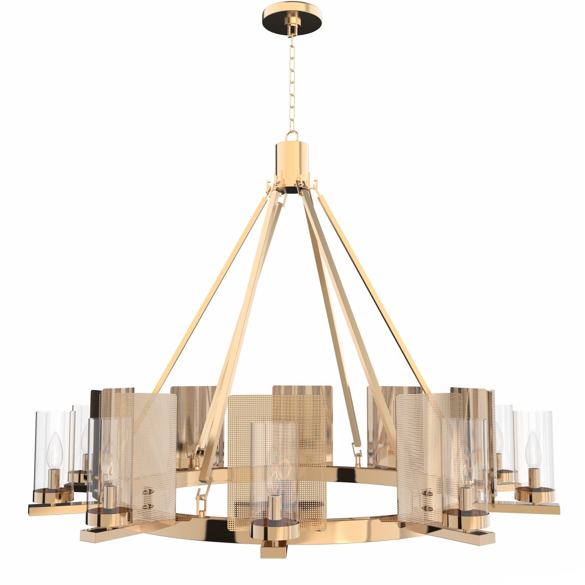 12 - Light Ring Chandelier Ceiling Light in Brass Finish with Clear Glass, Diam 50" Height 39", 120V, Bulb Type B10, Socket Type E12, Max wattage Per Socket 60W - BUILDMYPLACE