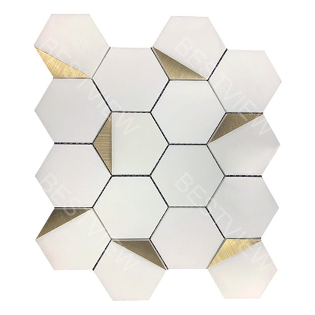 12" X 10" X 8 mm Royal White With Gold Accents 3" Mosaic Hexagon - BUILDMYPLACE