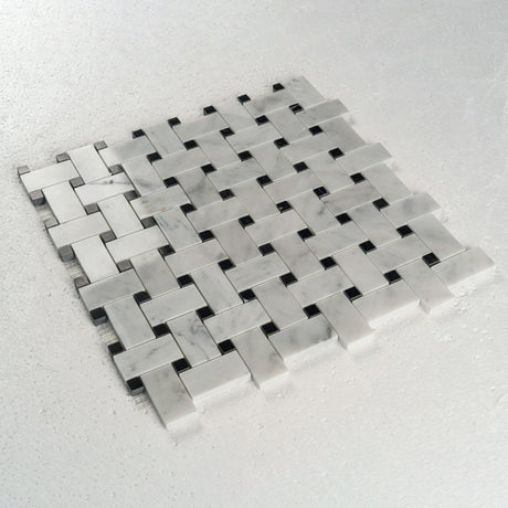 12 X 12 in. Bianco Carrara SP113 White/black Polished Marble Basketweave Mosaic Tile - BUILDMYPLACE