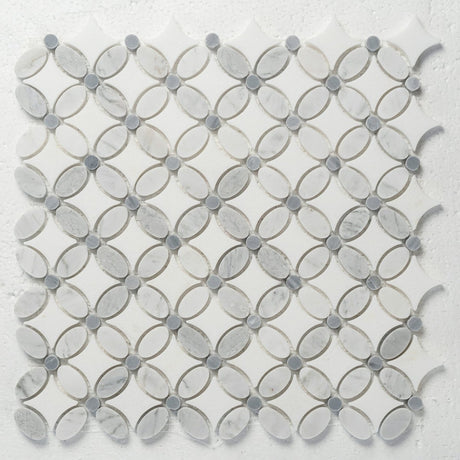 12 X 12 in. Bianco Carrara Thassos Blue Tulip Flower Gray Polished Marble Mosaic Tile - BUILDMYPLACE