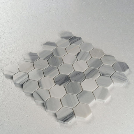 12 X 12 in. Bluewhale 2" Hexagon White Honed Marble Mosaic - BUILDMYPLACE