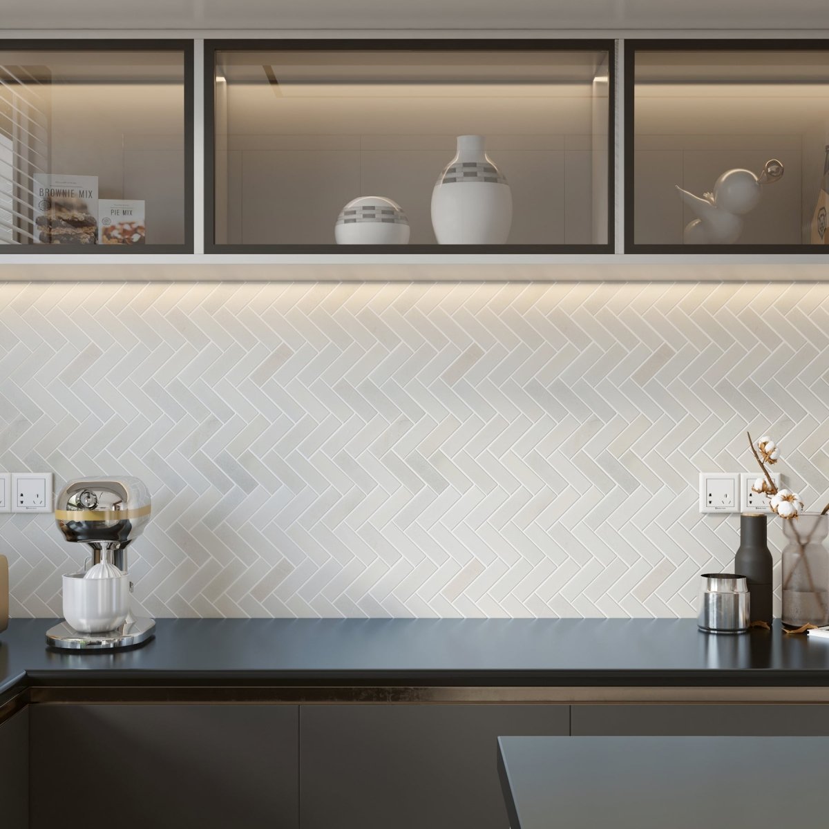 12 X 12 in. Eastern White 1x3 Herringbone Honed Marble Mosaic Tile - BUILDMYPLACE