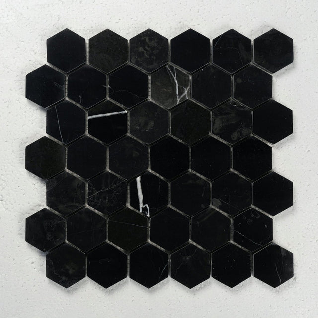 12 X 12 in. Hexagon Nero 2 in. Black Polished Marble Mosaic Tile - BUILDMYPLACE