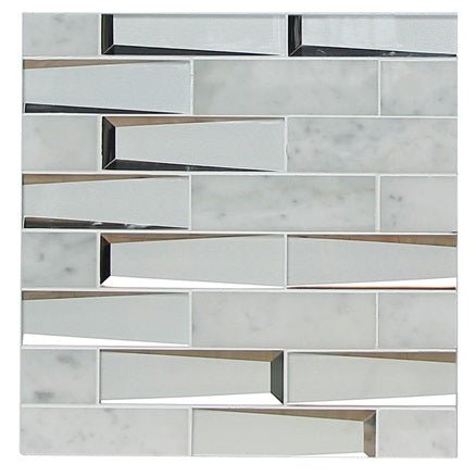 12" X 12" X 8 mm White 3D Glass With Carrara White 2" X 6" Random Strip - BUILDMYPLACE